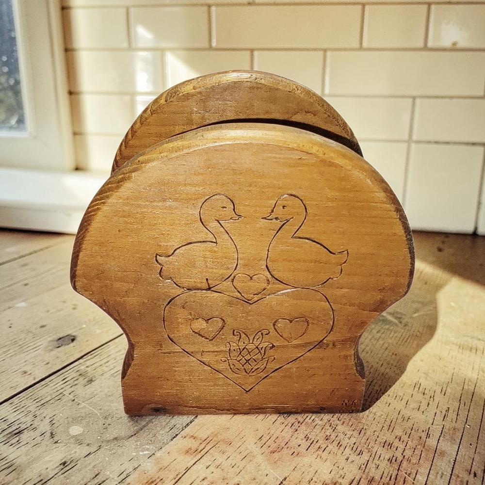 Vintage Wooden Napkin Holder Ducks Geese Hearts Folk Art Country Farmhouse